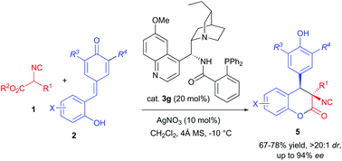 Graphical abstract: Asymmetric synthesis of dihydrocoumarins via catalytic sequential 1,6-addition/transesterification of α-isocyanoacetates with para-quinone methides