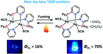 Graphical abstract: Sky-blue thermally activated delayed fluorescence (TADF) based on Ag(i) complexes: strong solvation-induced emission enhancement