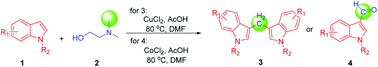 Graphical abstract: Cu(ii)- or Co(ii)-Catalyzed C(SP3)–H oxidation of N,N-dimethylaminoethanol: facile synthesis of methylene-bridged biindoles and 3-formylindoles selectively