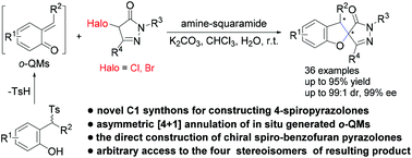 Graphical abstract: Organocatalytic asymmetric [4 + 1] annulation of in situ generated ortho-quinomethanes with 4-halo pyrazolones: straightforward access to chiral spiro-benzofuran pyrazolones