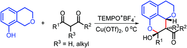 Graphical abstract: Copper-catalyzed highly diastereoselective cross-dehydrogenative coupling between 8-hydroxyisochromanes and 1,3-dicarbonyl compounds