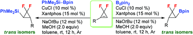 Graphical abstract: Highly regio- and diastereoselective Cu-catalyzed hydroborylation and hydrosilylation of difluorocyclopropenes with B2pin2 and PhMe2Si–Bpin