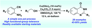 Graphical abstract: Copper-catalyzed tandem oxidative synthesis of quinazolinones from 2-aminobenzonitriles and benzyl alcohols