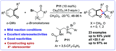 Graphical abstract: Asymmetric synthesis of spiro-structural 2,3-dihydrobenzofurans via the bifunctional phosphonium salt-promoted [4 + 1] cyclization of ortho-quinone methides with α-bromoketones