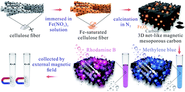 Graphical abstract: Eco-friendly and facile one-step synthesis of a three dimensional net-like magnetic mesoporous carbon derived from wastepaper as a renewable adsorbent