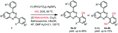 Graphical abstract: One-pot regioselective C–H activation iodination–cyanation of 2,4-diarylquinazolines using malononitrile as a cyano source