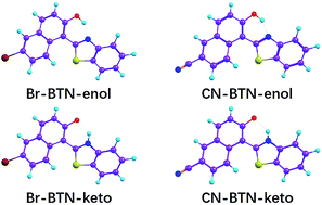 Graphical abstract: Investigation of the intramolecular hydrogen bonding interactions and excited state proton transfer mechanism for both Br-BTN and CN-BTN systems