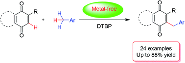 Graphical abstract: Metal-free oxidative cross-dehydrogenative coupling of quinones with benzylic C(sp3)–H bonds