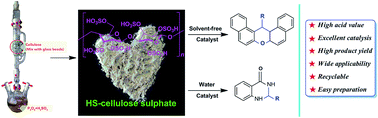 Graphical abstract: High acidity cellulose sulfuric acid from sulfur trioxide: a highly efficient catalyst for the one step synthesis of xanthene and dihydroquinazolinone derivatives