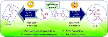 Graphical abstract: Impact of an aryl bulky group on a one-pot reaction of aldehyde with malononitrile and N-substituted 2-cyanoacetamide