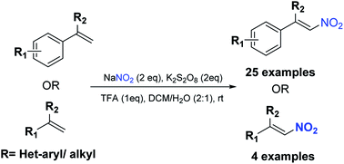 Graphical abstract: Metal-free, room temperature, acid-K2S2O8 mediated method for the nitration of olefins: an easy approach for the synthesis of nitroolefins