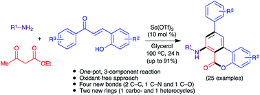Graphical abstract: Oxidant-free, three-component synthesis of 7-amino-6H-benzo[c]chromen-6-ones under green conditions