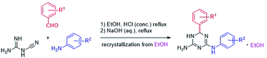 Graphical abstract: A one-pot synthesis of N2,6-diaryl-5,6-dihydro-1,3,5-triazine-2,4-diamines and systematic evaluation of their ability to host ethanol in crystals