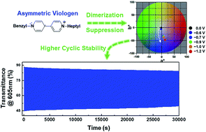 Graphical abstract: Asymmetric molecular modification of viologens for highly stable electrochromic devices