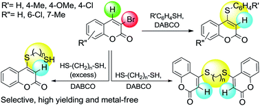 Graphical abstract: Efficient synthesis of 4-sulfanylcoumarins from 3-bromo-coumarins via a highly selective DABCO-mediated one-pot thia-Michael addition/elimination process