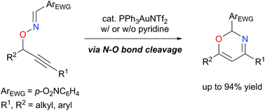 Graphical abstract: Au-catalyzed skeletal rearrangement of O-propargylic oximes via N–O bond cleavage with the aid of a Brønsted base cocatalyst