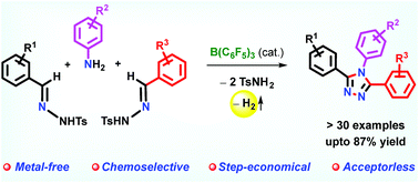 Graphical abstract: B(C6F5)3-catalyzed dehydrogenative cyclization of N-tosylhydrazones and anilines via a Lewis adduct: a combined experimental and computational investigation