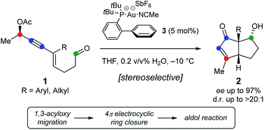 Graphical abstract: Gold(i)-catalyzed stereoselective cyclization of 1,3-enyne aldehydes by a 1,3-acyloxy migration/Nazarov cyclization/aldol addition cascade