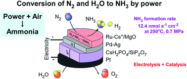 Graphical abstract: Ammonia synthesis from nitrogen and water at intermediate temperatures and elevated pressures by using an electrochemical hydrogen-membrane reactor with supported Ru catalysts and phosphate electrolytes