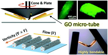 Graphical abstract: Tube-rolling and formation of mechanically robust micro-tubes in graphene oxide aqueous dispersions during shear flow