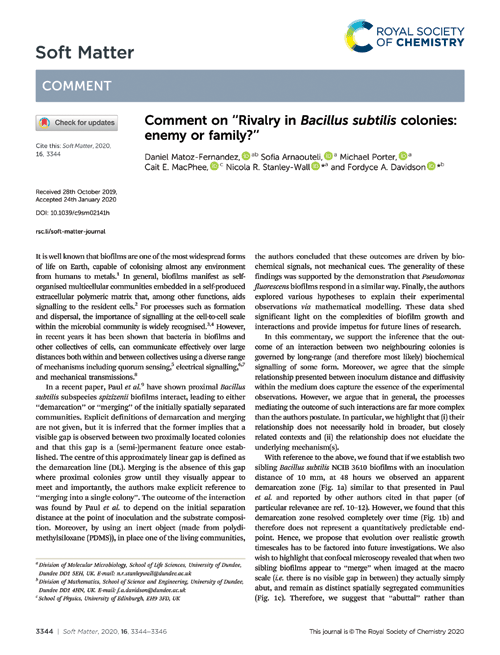 Comment on “Rivalry in Bacillus subtilis colonies: enemy or family?”