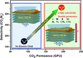 Graphical abstract: Electrical field facilitates selective transport of CO2 through a laminated MoS2 supported ionic liquid membrane