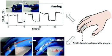 Graphical abstract: A bioinspired multi-functional wearable sensor with an integrated light-induced actuator based on an asymmetric graphene composite film