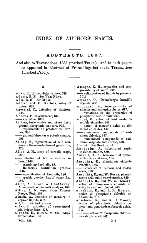 Index Of Authors Names Journal Of The Chemical Society