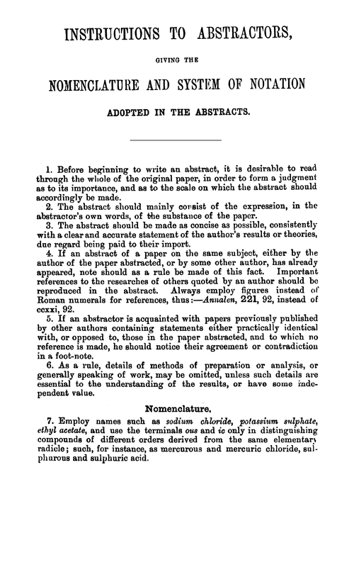 Instructions to abstractors, giving the nomenclature and system of notation, adopted in the abstracts