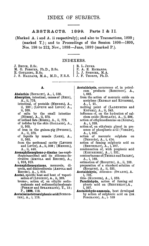 Index Of Subjects Journal Of The Chemical Society Abstracts