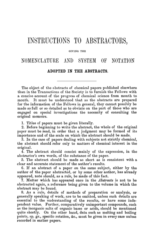 Instructions to abstractors, giving the nomenclature and system of notation, adopted in the abstracts