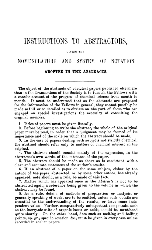 Instructions to abstractors, giving the nomenclature and system of notation, adopted in the abstracts