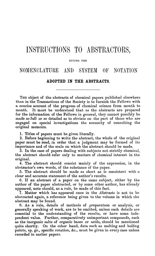 Instructions to abstractors, giving the nomenclature and system of notation, adopted in the abstracts