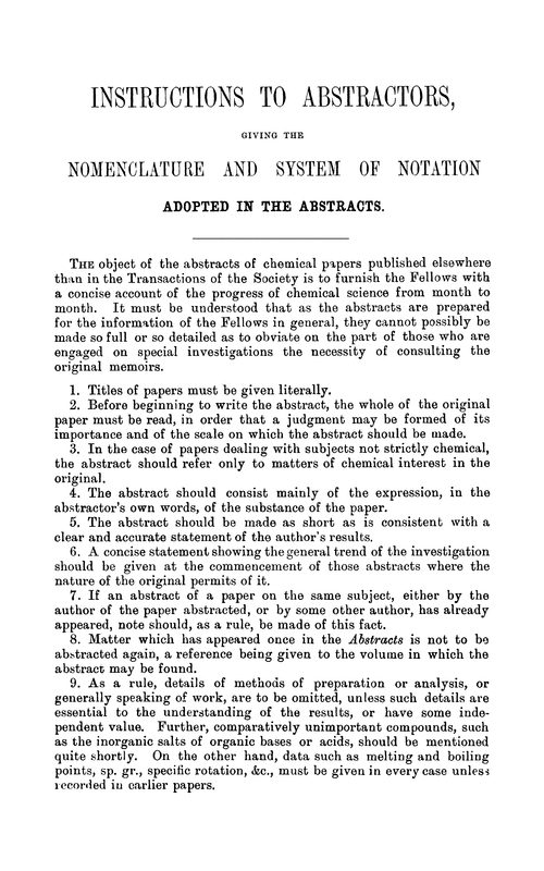 Instructions to abstractors, giving the nomenclature and systems of notation, adopted in the abstracts