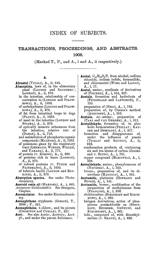 Index Of Subjects Journal Of The Chemical Society Abstracts