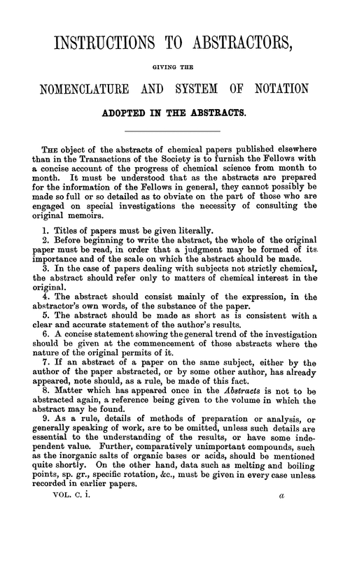 Instructions to abstractors, giving the nomenclature and system of notation, adopted in the abstracts