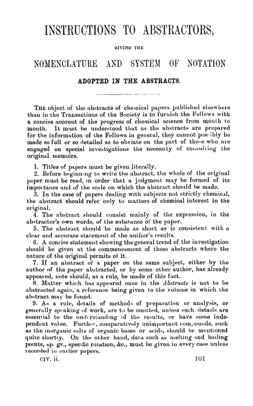 Instructions to abstractors, giving the nomenclature and system of notation, adopted in the abstracts
