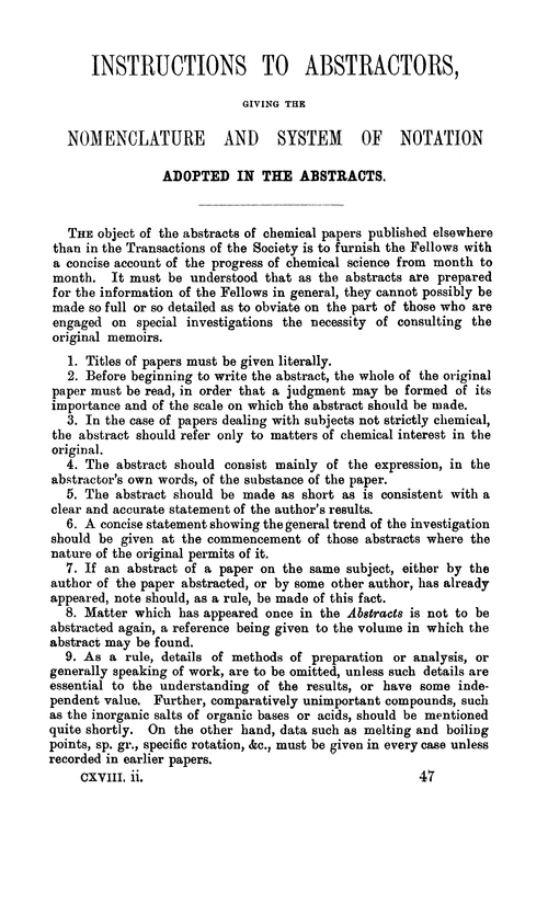 Instructions to abstractors, giving the nomenclature and the system of notation, adopted in the abstracts