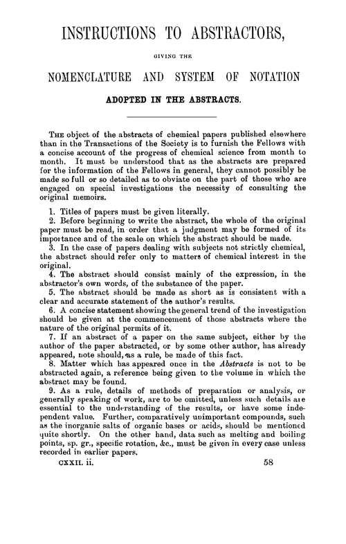 Instructions to abstractors, giving the nomenclature and system of notation, adopted in the abstracts