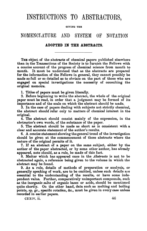 Instructions to abstractors, giving the nomenclature and system of notation, adopted in the abstracts