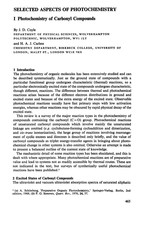 Selected aspects of photochemistry. I Photochemistry of carbonyl compounds