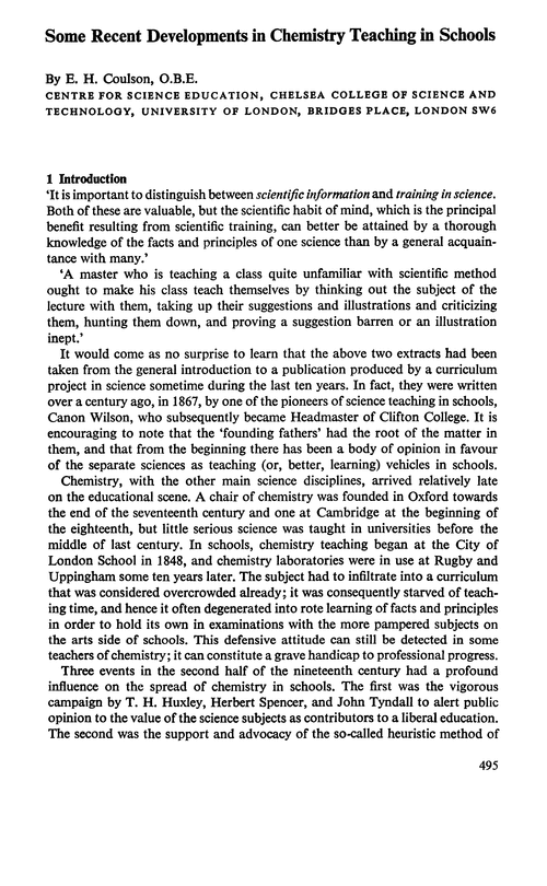 Some recent developments in chemistry teaching in schools