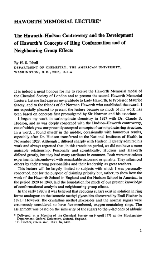 Haworth Memorial Lecture. The Haworth–Hudson controversy and the development of Haworth's concepts of ring conformation and of neighbouring group effects