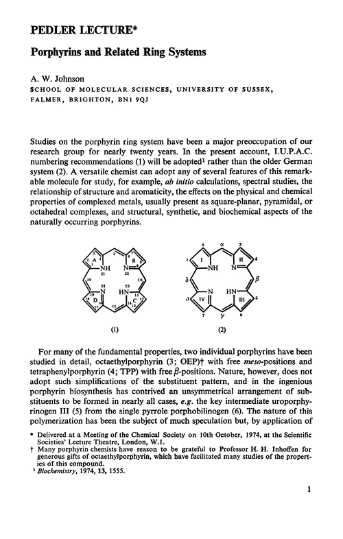 Pedler Lecture. Porphyrins and related ring systems