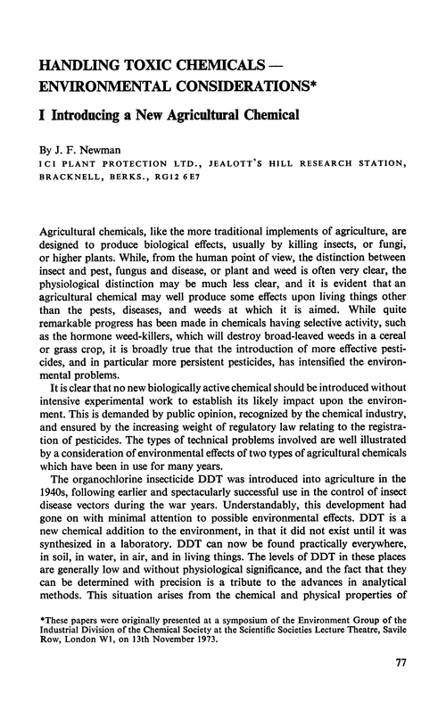 Handling toxic chemicals—environmental considerations. I. Introducing a new agricultural chemical