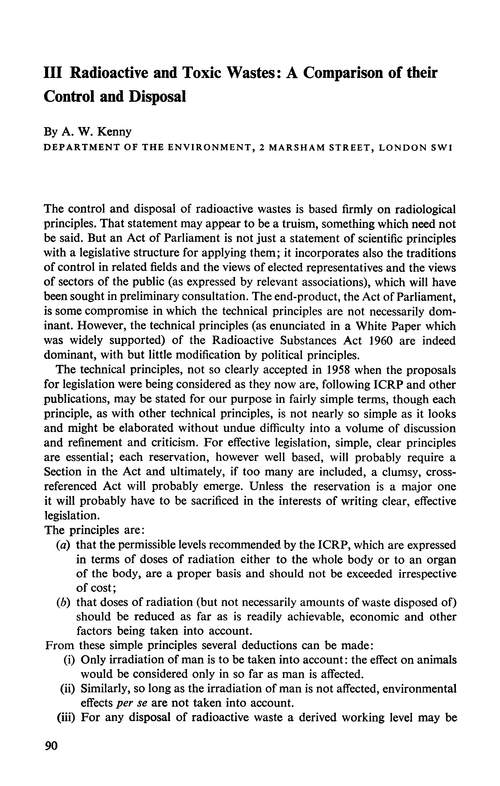 III. Radioactive and toxic wastes: a comparison of their control and disposal