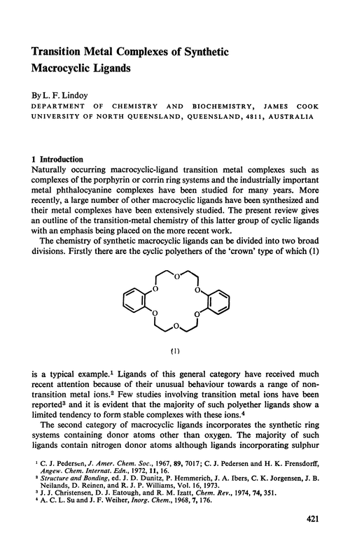 Transition metal complexes of synthetic macrocyclic ligands