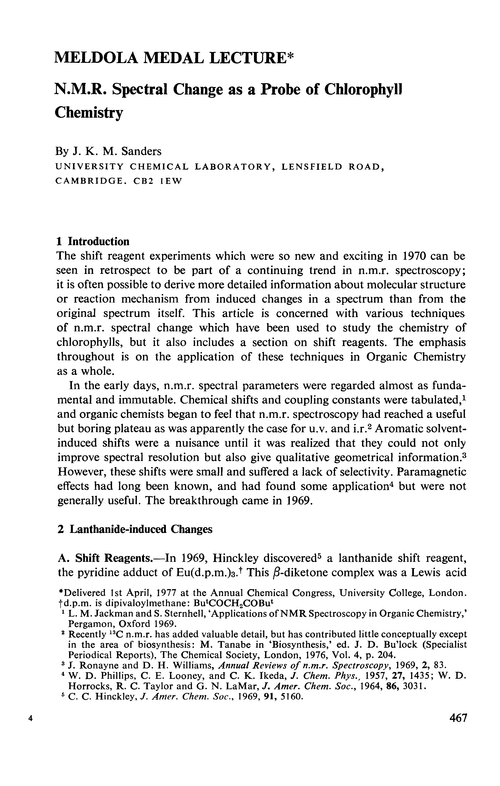 Meldola medal lecture. N.m.r. spectral change as a probe of chlorophyll chemistry