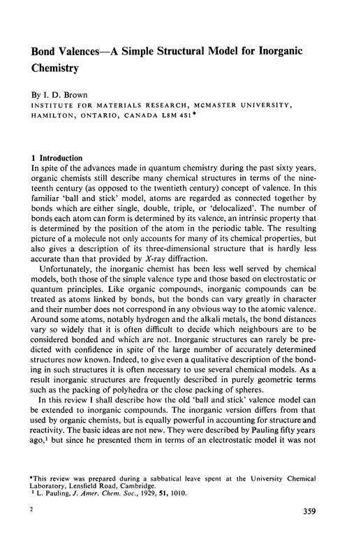 Bond valences—a simple structural model for inorganic chemistry