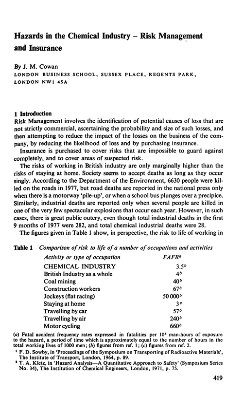 Hazards in the chemical industry – risk management and insurance